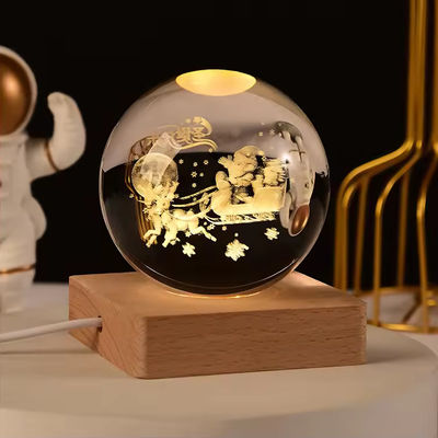Esfera de cristal de cristal de madera blanca cálida 3D de luz nocturna base soporte LED