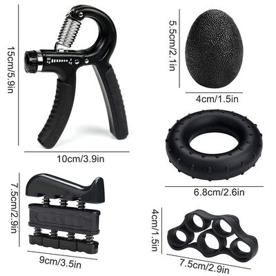 Kit de refuerzo de agarre de mano 5 paquete negro entrenador de agarre ajustable para ejercitar los dedos anillo de agarre y bola de estrés para entrenamiento de muñeca y antebrazo