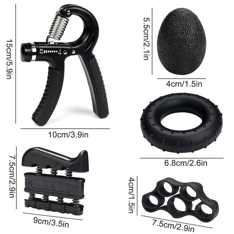 Kit de refuerzo de agarre de mano 5 paquete negro entrenador de agarre ajustable para ejercitar los dedos anillo de agarre y bola de estrés para entrenamiento de muñeca y antebrazo