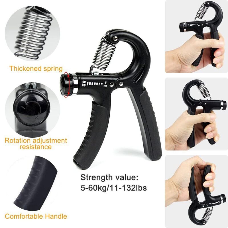Kit de ejercicios de agarre de mano de cinco piezas Negro Agarre de mano ajustable Dedo estirador Anillo de agarre y pelota de tensión Para fortalecer y flexibilizar la mano